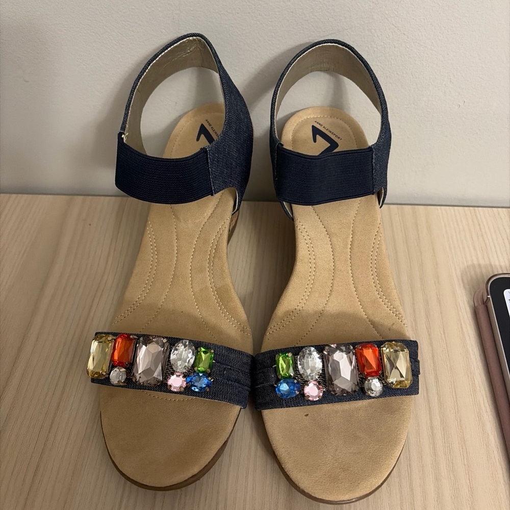 Anne Klein New! Sport Wedge Sandals Multicolor Gem Embellishments Size 10